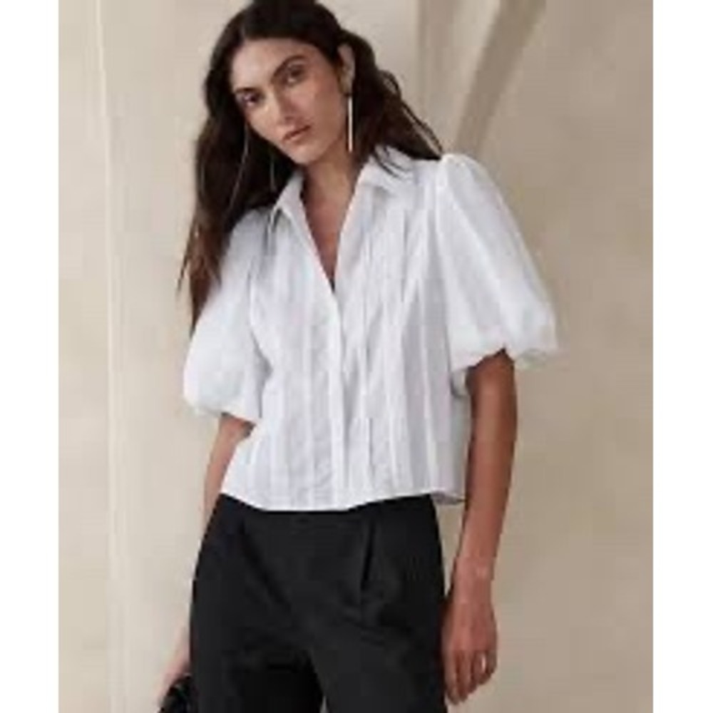 Banana Republic White Puff-Sleeve Pintuck Blouse